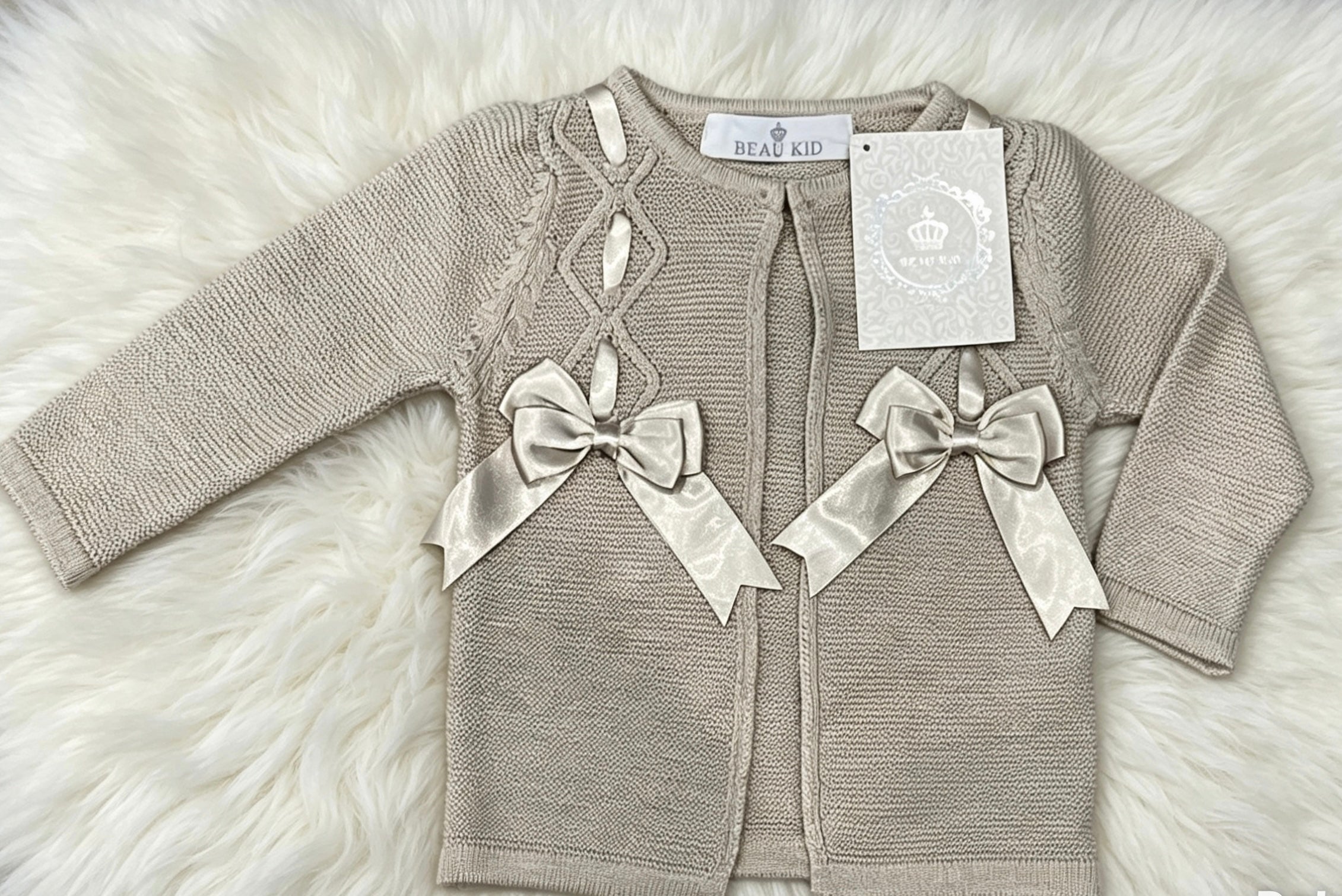 Beau kid double bow camel cardigan